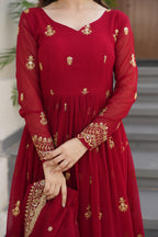 Lorenvalley Fashion Maroon Faux Georgette with Zari & Sequins Embroidered Work Anarkali Gown with Dupatta - Distacart