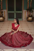 Lorenvalley Maroon Rayon Gota Patti Lace Printed Kali Pattern Lehenga Choli with Dupatta