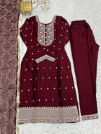 Lorenvalley Maroon Rangoli Silk Embroidery Sequence And Thread Work Kurta Trousers with Dupatta Set
