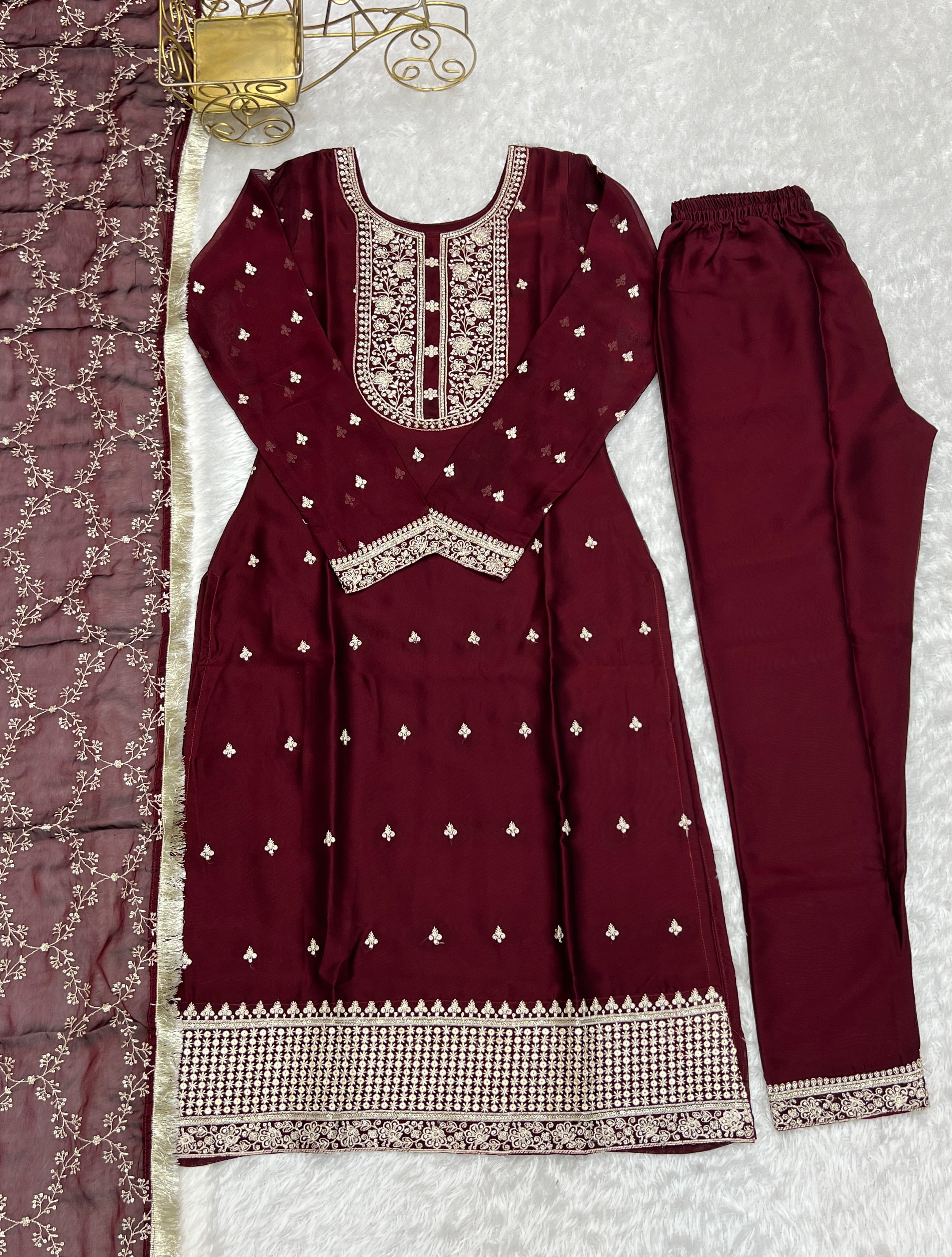 Lorenvalley Maroon Rangoli Silk Embroidery Sequence And Thread Work Kurta Trousers with Dupatta Set