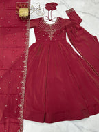 Lorenvalley Fashion Maroon Roman Shimmer Chanderi Silk Yoke Fancy Handwork Beads Work Anarkali Kurta Pant With Dupatta Set - Distacart