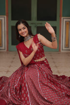 Lorenvalley Maroon Rayon Gota Patti Lace Printed Kali Pattern Lehenga Choli with Dupatta