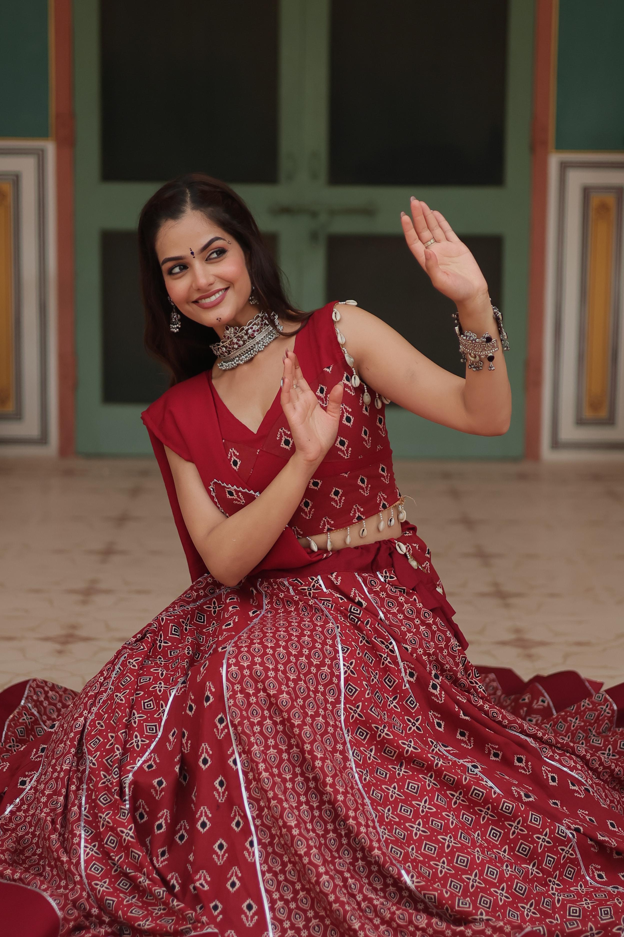 Lorenvalley Maroon Rayon Gota Patti Lace Printed Kali Pattern Lehenga Choli with Dupatta