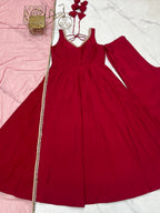 Lorenvalley Fashion Maroon Pure Romansilk Chanderi Fabric Yoke Fancy Lace Work Anarkali Kurta Pant With Dupatta Set