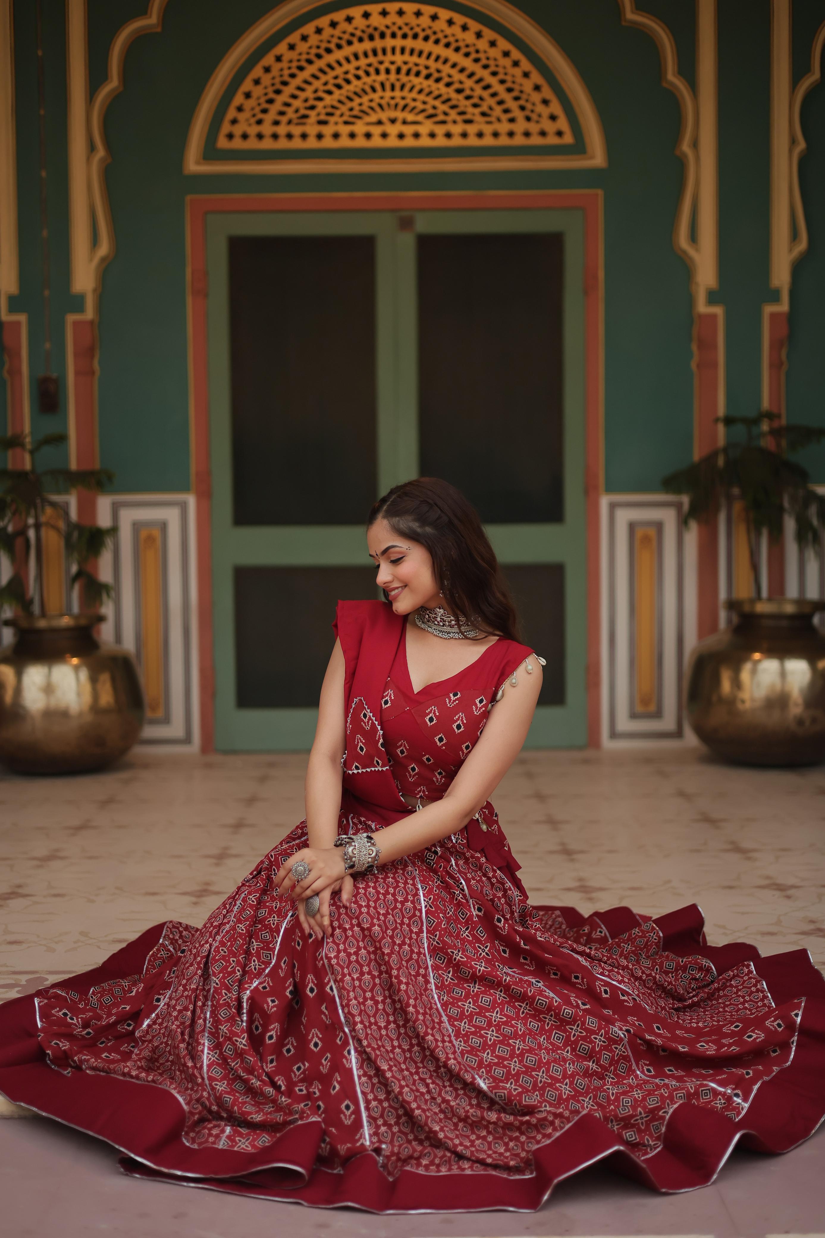 Lorenvalley Maroon Rayon Gota Patti Lace Printed Kali Pattern Lehenga Choli with Dupatta