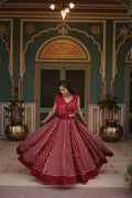 Lorenvalley Maroon Rayon Gota Patti Lace Printed Kali Pattern Lehenga Choli with Dupatta