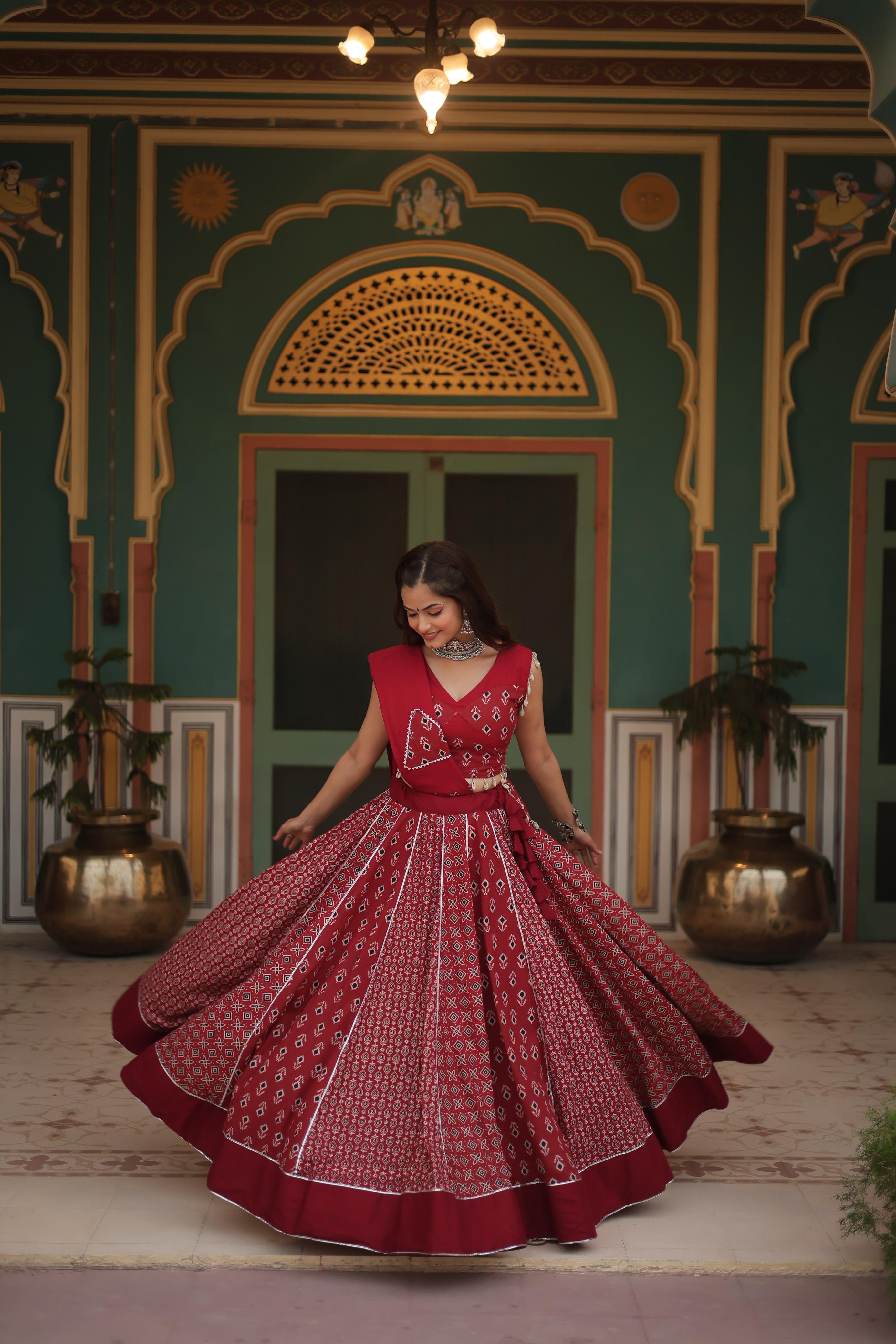 Lorenvalley Maroon Rayon Gota Patti Lace Printed Kali Pattern Lehenga Choli with Dupatta