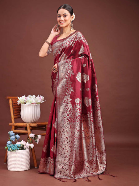 Anaita Maroon Banarasi Silk Woven Work Saree With Blouse