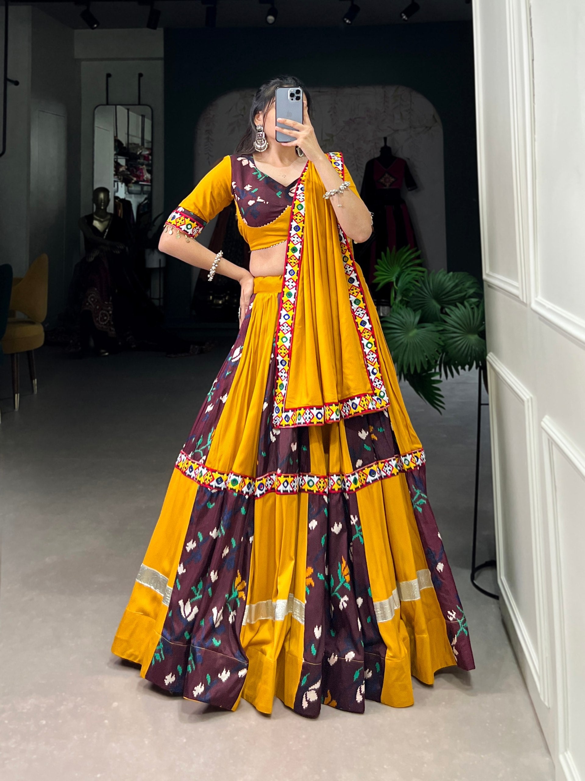 Lorenvalley Rayon with Yellow and Wine Printed Silk Original Mirror Gamthi Work and Embossed Design Gota Lehenga Choli with Dupatta