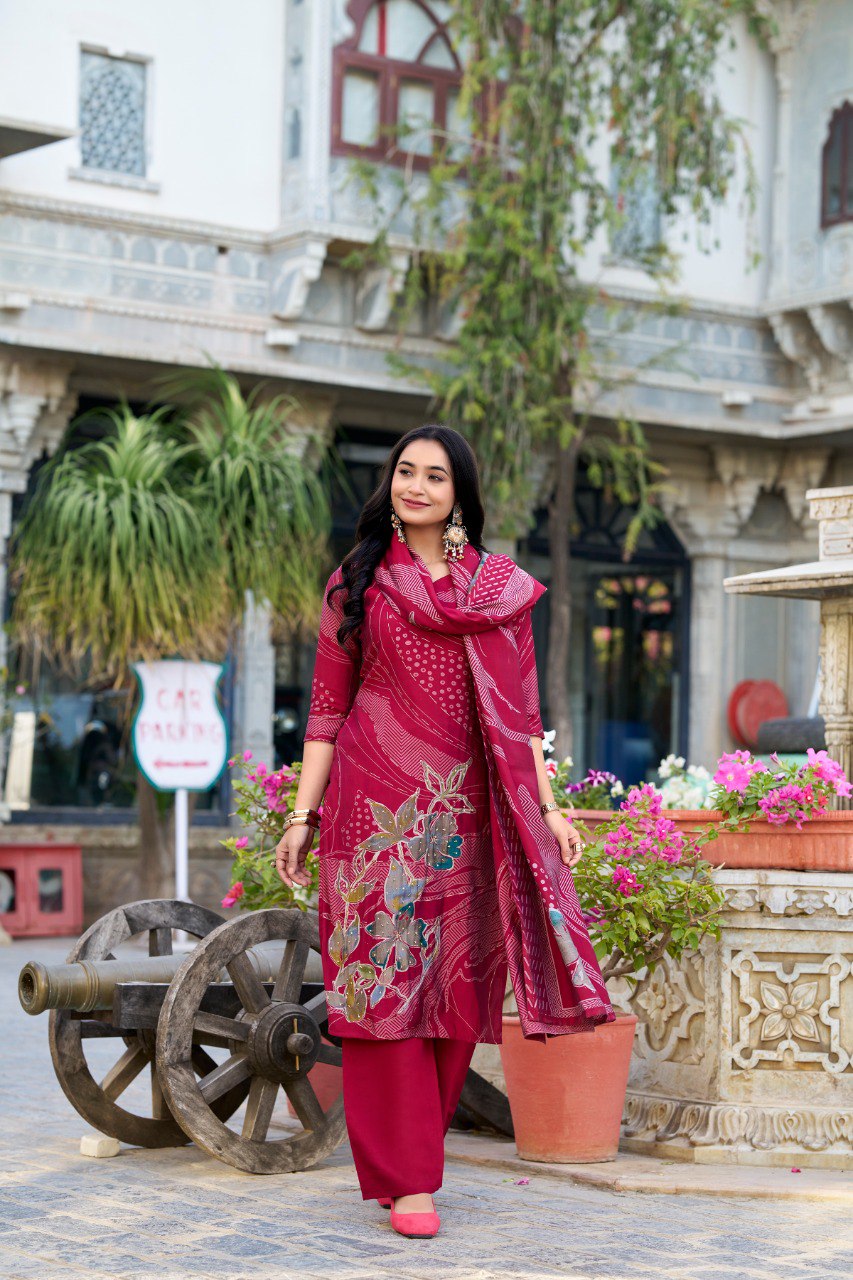 Lorenvalley Maroon Roman Silk Floral Print With Beets Handwork Kurta Set