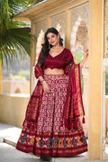 Lorenvalley Maroon Tussar Silk Ikkat Print With Foil Work Lehenga Choli with Dupatta