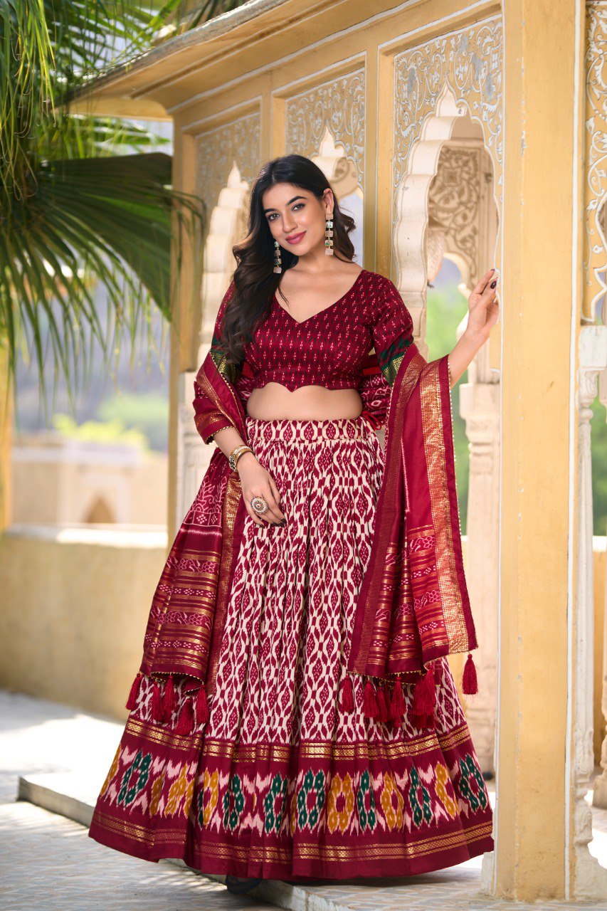Lorenvalley Maroon Tussar Silk Ikkat Print With Foil Work Lehenga Choli with Dupatta