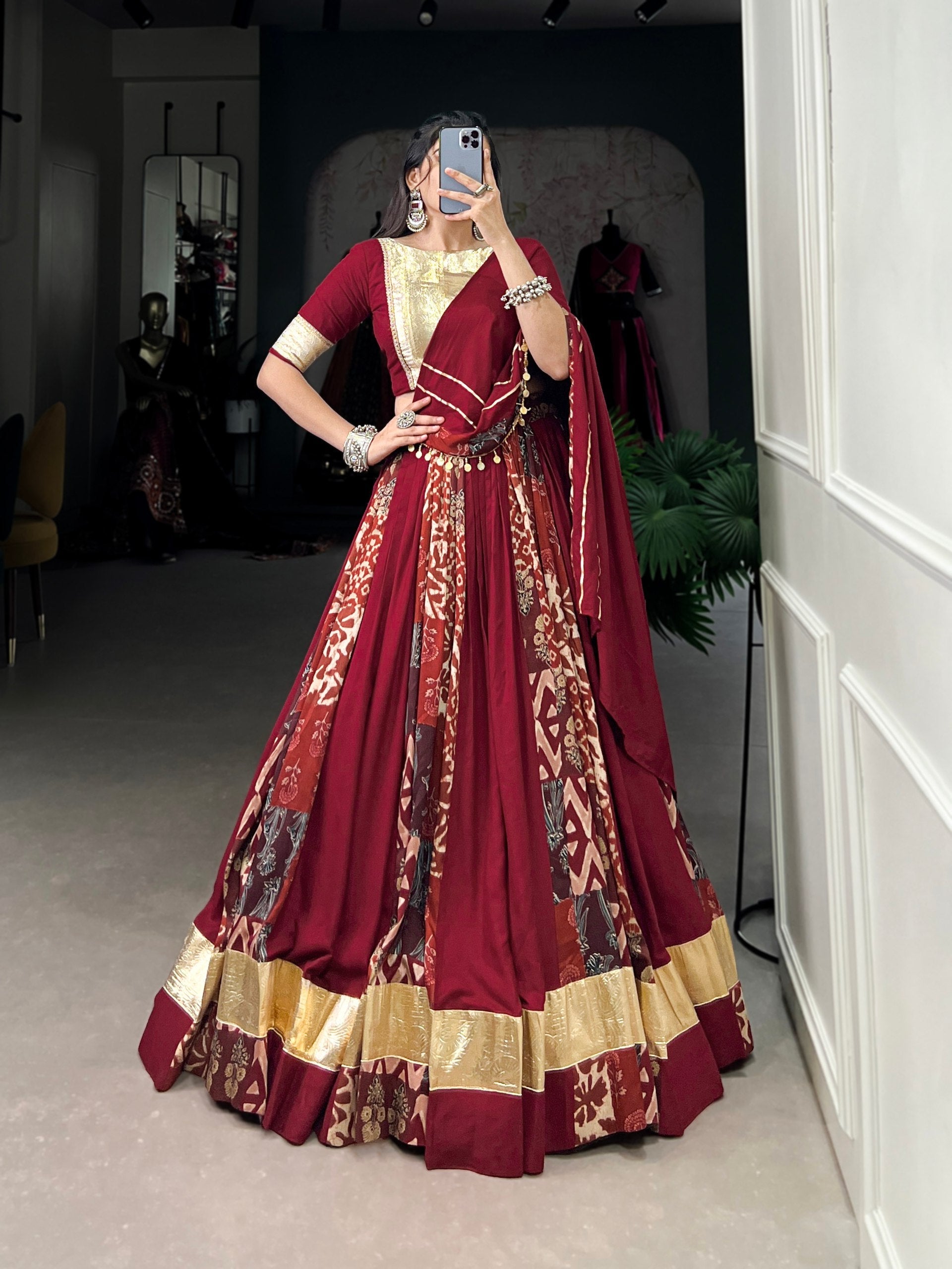 Lorenvalley Maroon Rayon and Tussar Silk Plain And Printed With Embossed Design Gota Lace Lehenga Choli with Dupatta
