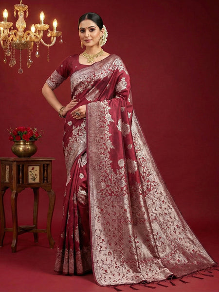 Anaita Maroon Silk Blend Woven Saree With Blouse