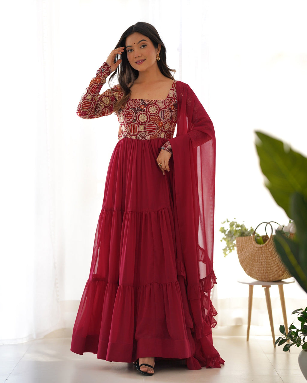 Lorenvalley Fashion Maroon Faux Georgette Embroidery 9 Needle Thread Work Anarkali Pant with Dupatta - Distacart