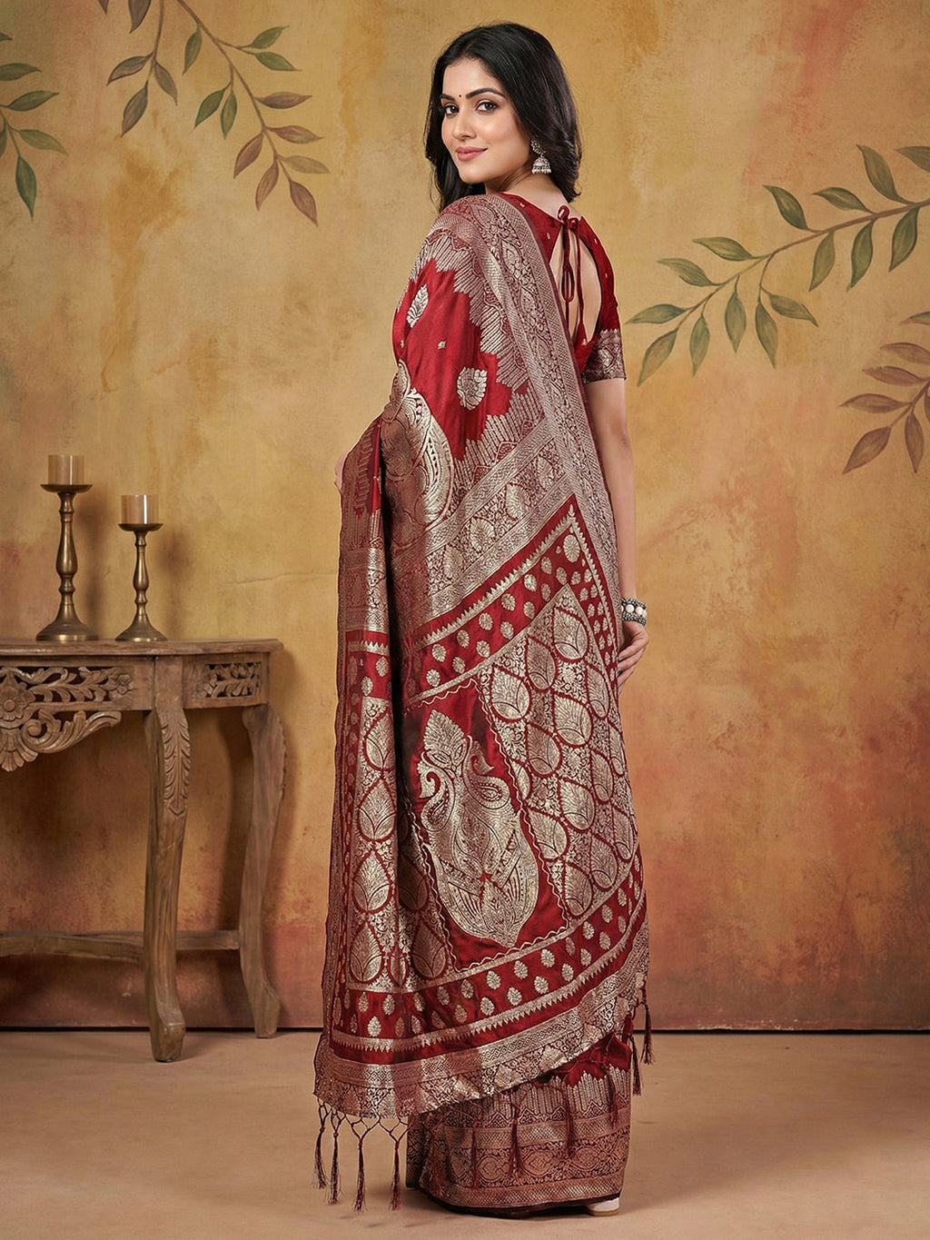 Anaita Maroon Silk Blend Woven Saree With Blouse - Distacart
