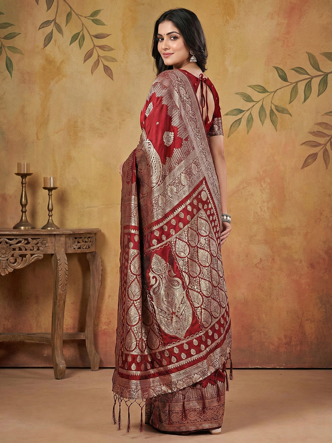Anaita Maroon Silk Blend Woven Saree With Blouse - Distacart