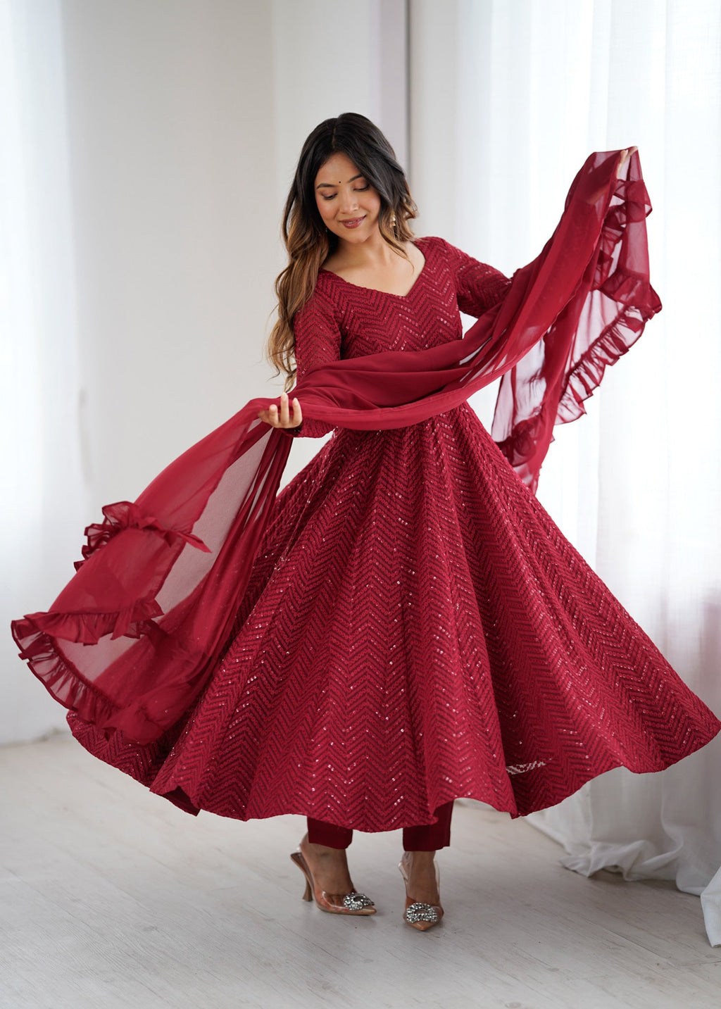 Lorenvalley Fashion Maroon Faux Georgette Lukhnowi Sequence Work Anarkali Kurta Pant With Dupatta Set - Distacart