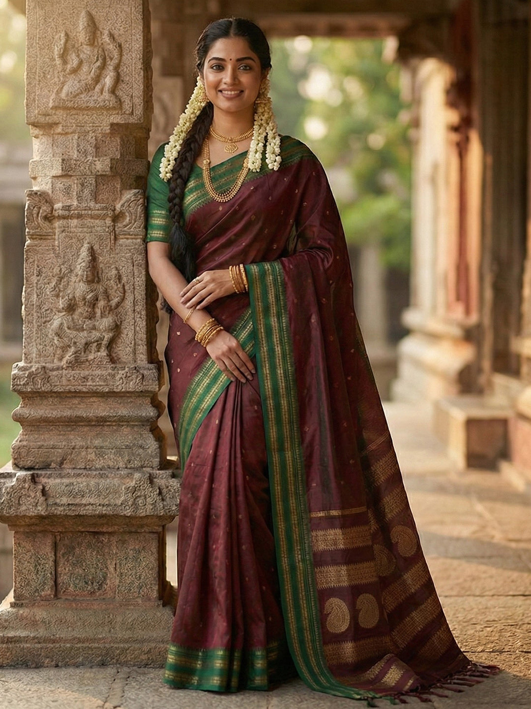 Anaita Maroon Silk Woven Saree With Blouse - Distacart