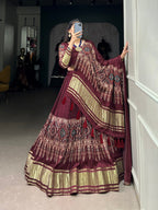 Lorenvalley Maroon Gaji Silk Digital Print With Lagadi Patta Lehenga Choli with Dupatta