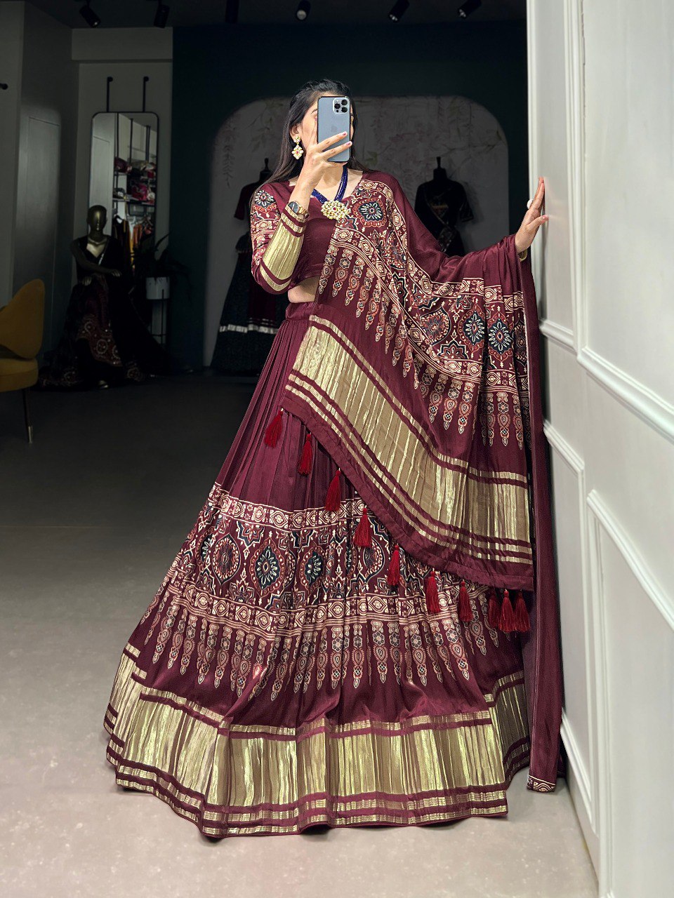 Lorenvalley Maroon Gaji Silk Digital Print With Lagadi Patta Lehenga Choli with Dupatta