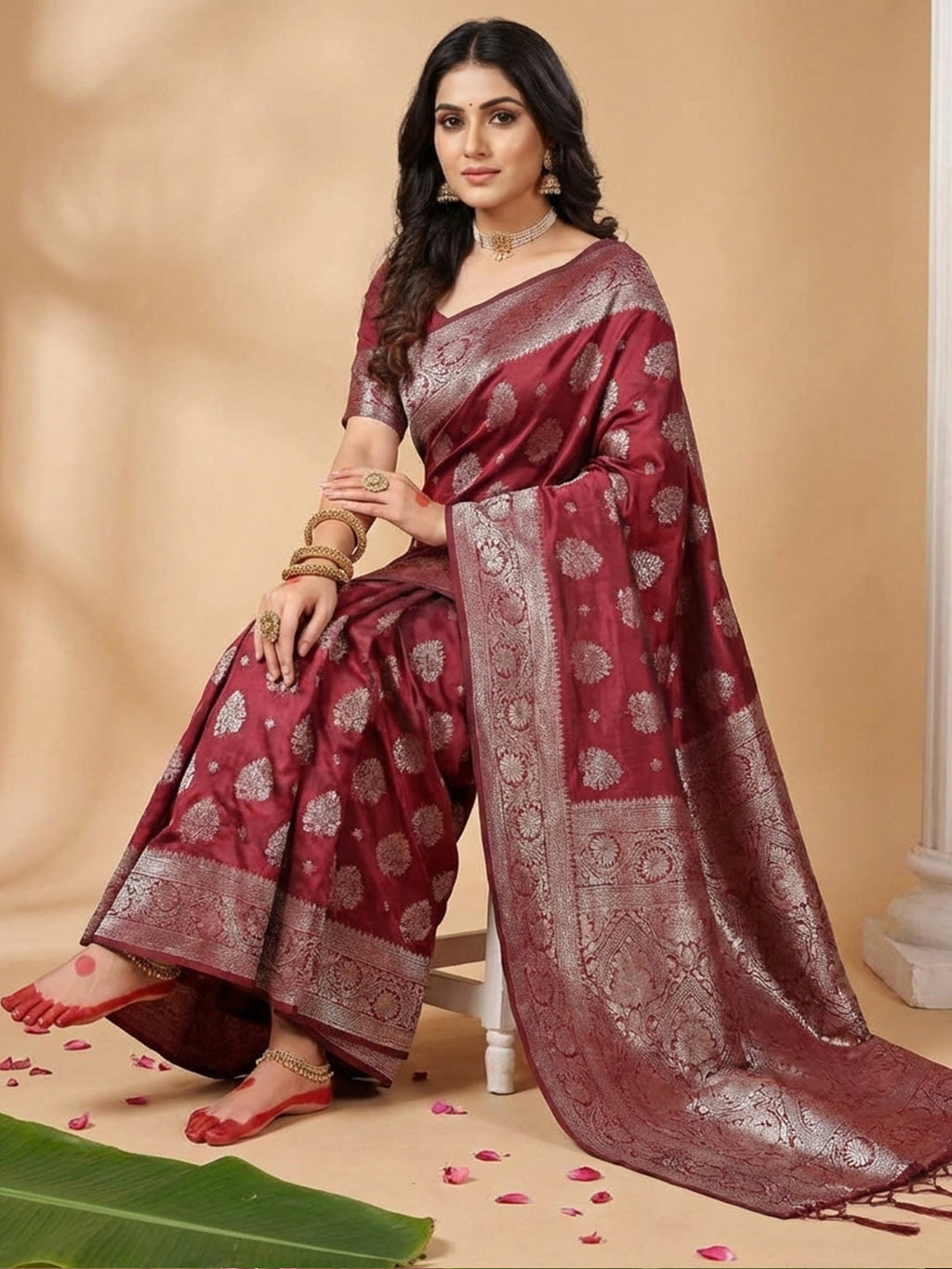 Anaita Maroon Silk Blend Woven Saree With Blouse - Distacart
