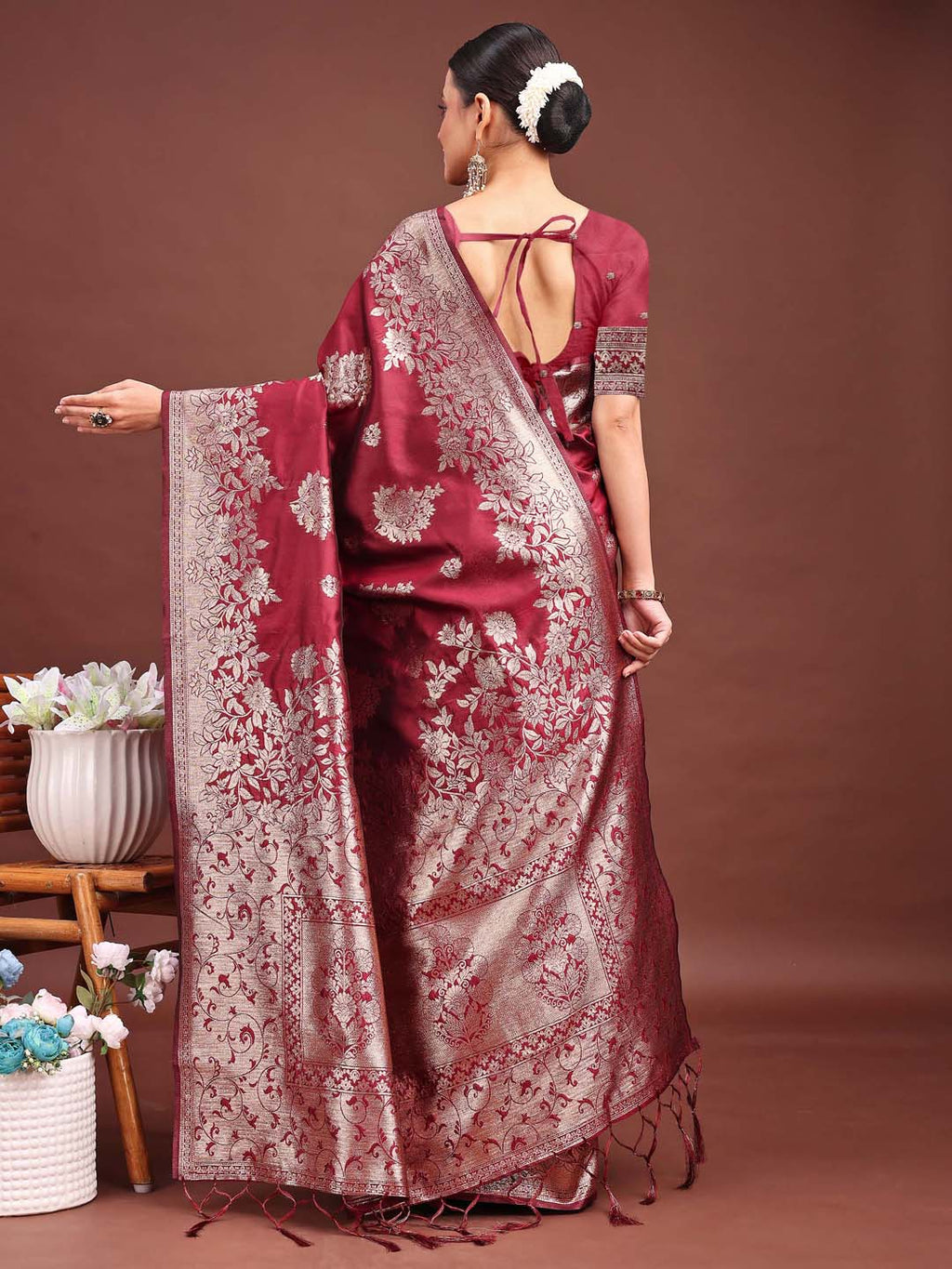 Anaita Maroon Banarasi Silk Woven Work Saree With Blouse - Distacart