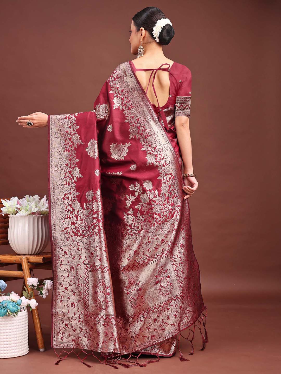 Anaita Maroon Banarasi Silk Woven Work Saree With Blouse - Distacart