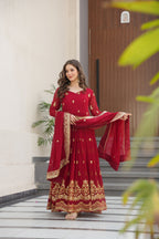 Lorenvalley Fashion Maroon Faux Georgette with Zari & Sequins Embroidered Work Anarkali Gown with Dupatta - Distacart