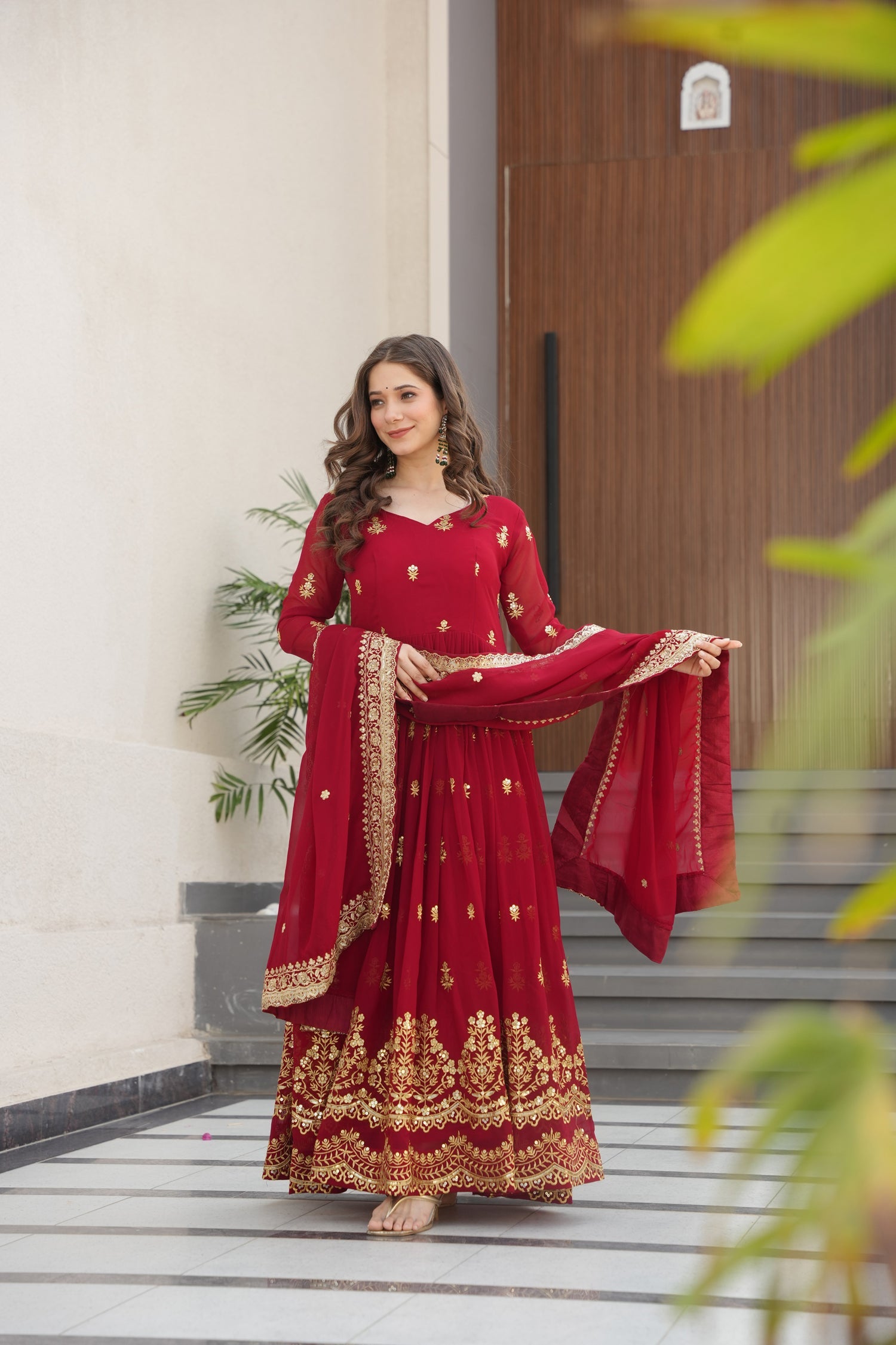 Lorenvalley Fashion Maroon Faux Georgette with Zari & Sequins Embroidered Work Anarkali Gown with Dupatta - Distacart