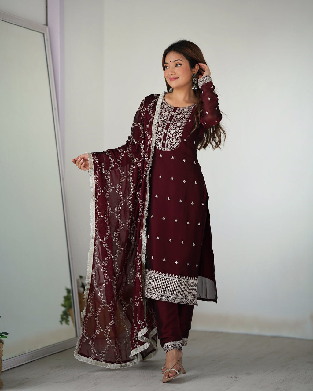 Lorenvalley Maroon Rangoli Silk Embroidery Sequence And Thread Work Kurta Trousers with Dupatta Set