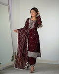 Lorenvalley Maroon Rangoli Silk Embroidery Sequence And Thread Work Kurta Trousers with Dupatta Set