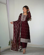 Lorenvalley Maroon Rangoli Silk Embroidery Sequence And Thread Work Kurta Trousers with Dupatta Set