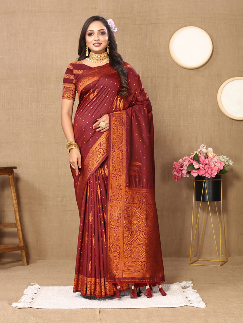 Lorenvalley Fashion Maroon Soft Silk Copper Zari weaving Design Saree