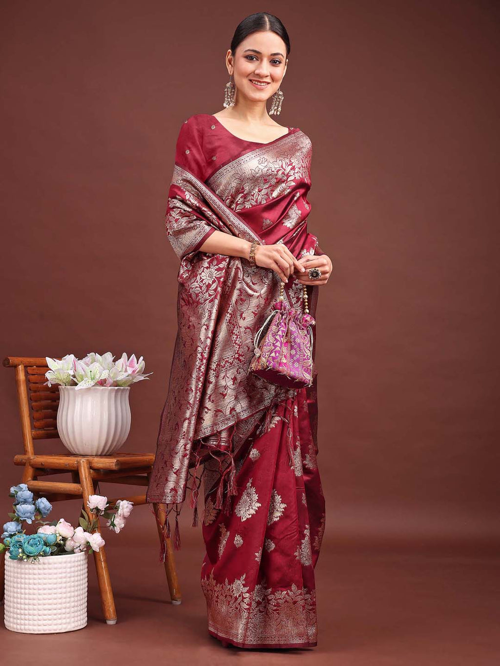 Anaita Maroon Banarasi Silk Woven Work Saree With Blouse - Distacart