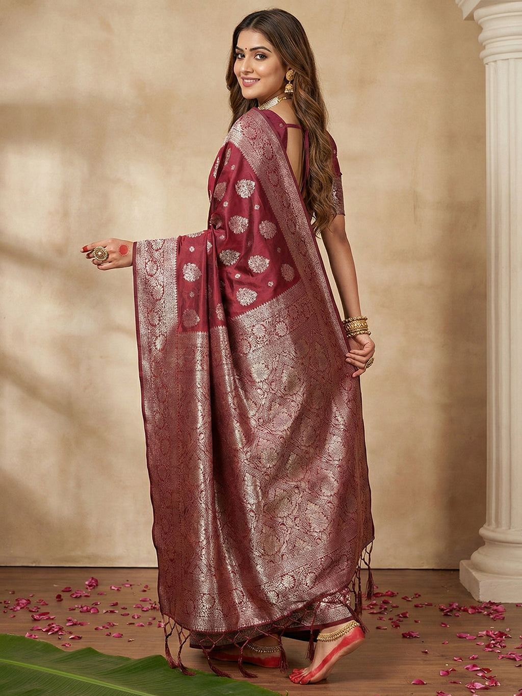Anaita Maroon Silk Blend Woven Saree With Blouse - Distacart