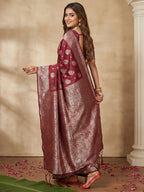 Anaita Maroon Silk Blend Woven Saree With Blouse - Distacart