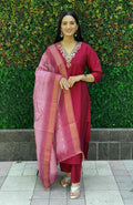 Lorenvalley Fashion Maroon Roman Silk Hand Work Kurta Pant with Dupatta - Distacart