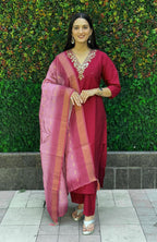 Lorenvalley Fashion Maroon Roman Silk Hand Work Kurta Pant with Dupatta - Distacart