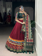 Lorenvalley Fashion Maroon Tasar Silk Print with Foil Work and Real Mirror Gamthi Work with Lace Touch Up Lehenga Choli with Dupatta