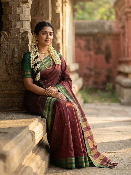 Anaita Maroon Silk Woven Saree With Blouse