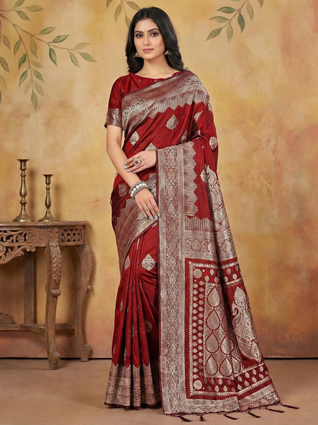 Anaita Maroon Silk Blend Woven Saree With Blouse