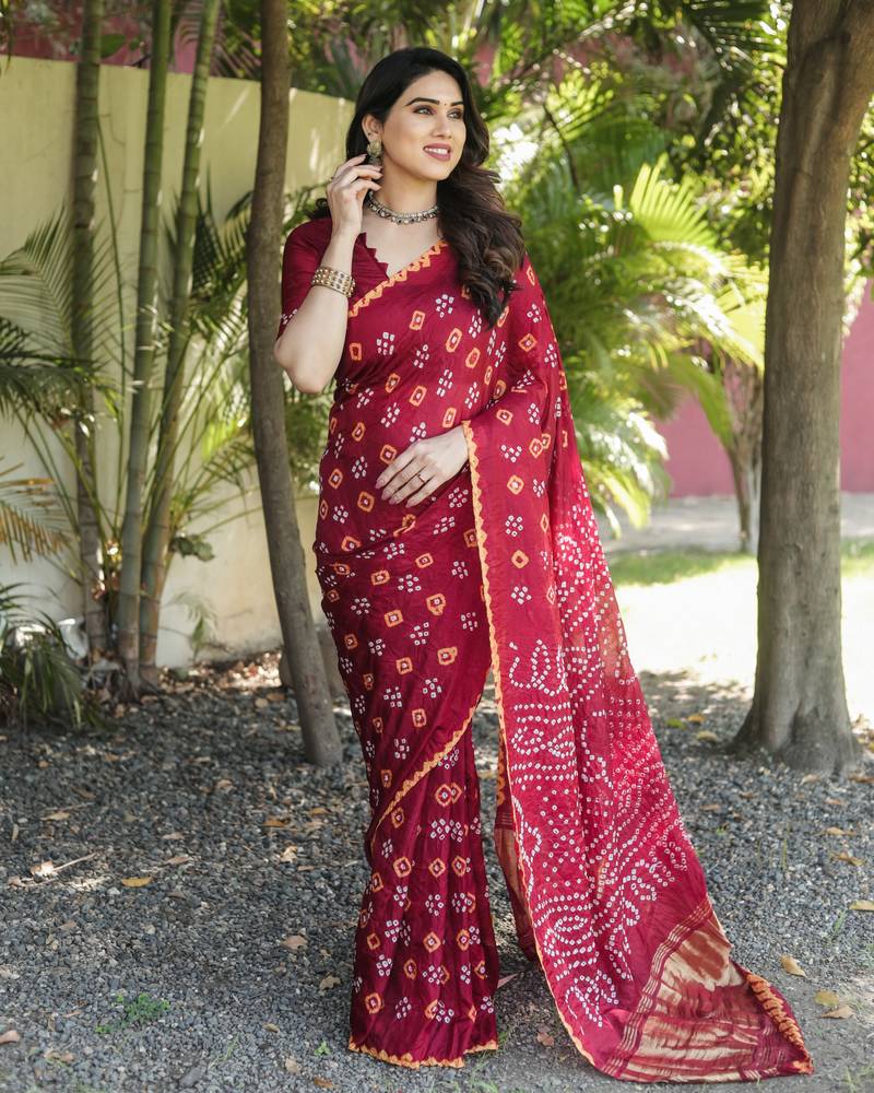 Anaita Maroon Woven Design Pure Bandhej Silk Saree With Blouse - Distacart