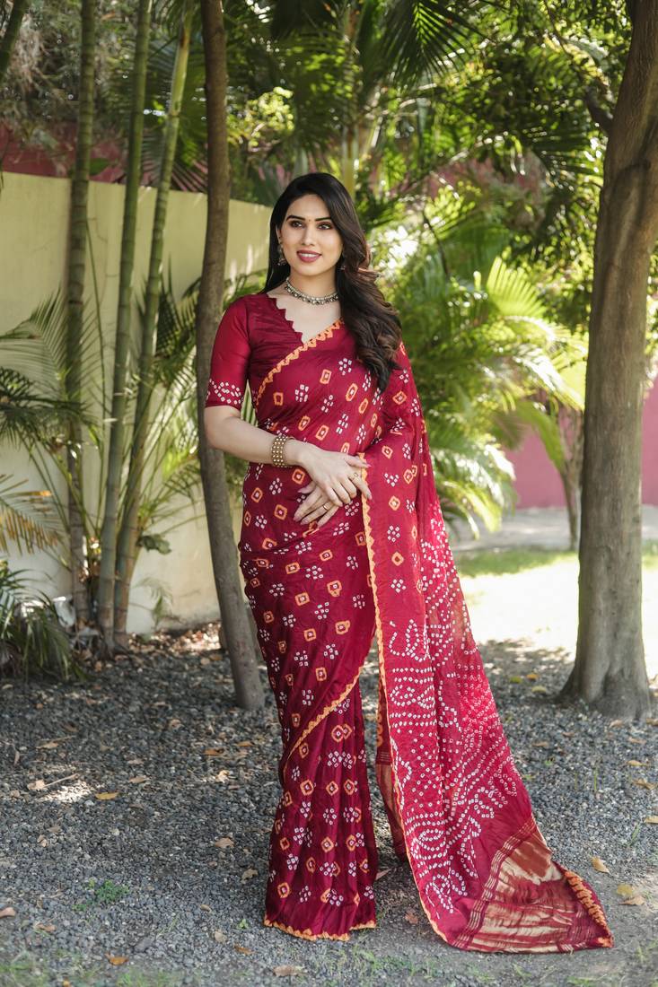Anaita Maroon Woven Design Pure Bandhej Silk Saree With Blouse - Distacart