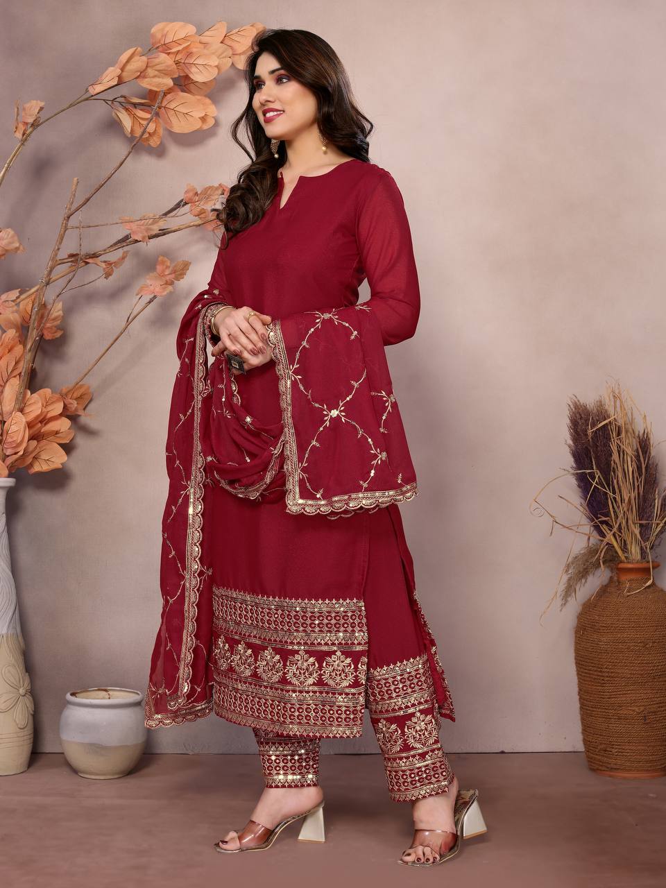 Lehenga Mart Festival maroon embroidery Ready Made kurti with pant and dupatta