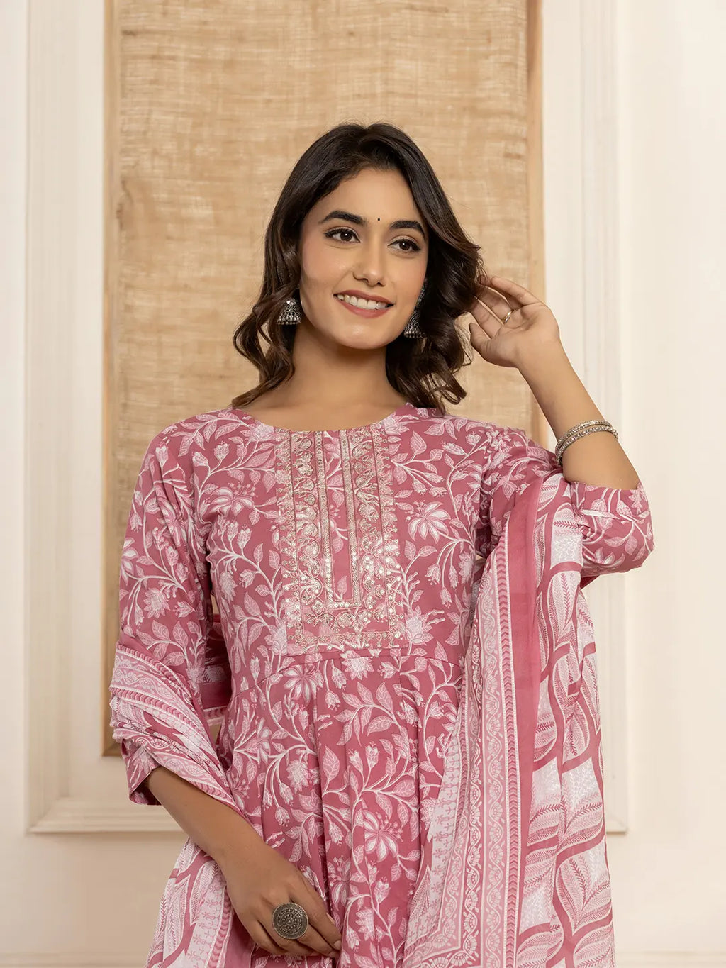 Yufta Mauve Floral Print Anarkali Style Kurta And Trousers With Dupatta Set