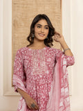 Yufta Mauve Floral Print Anarkali Style Kurta And Trousers With Dupatta Set