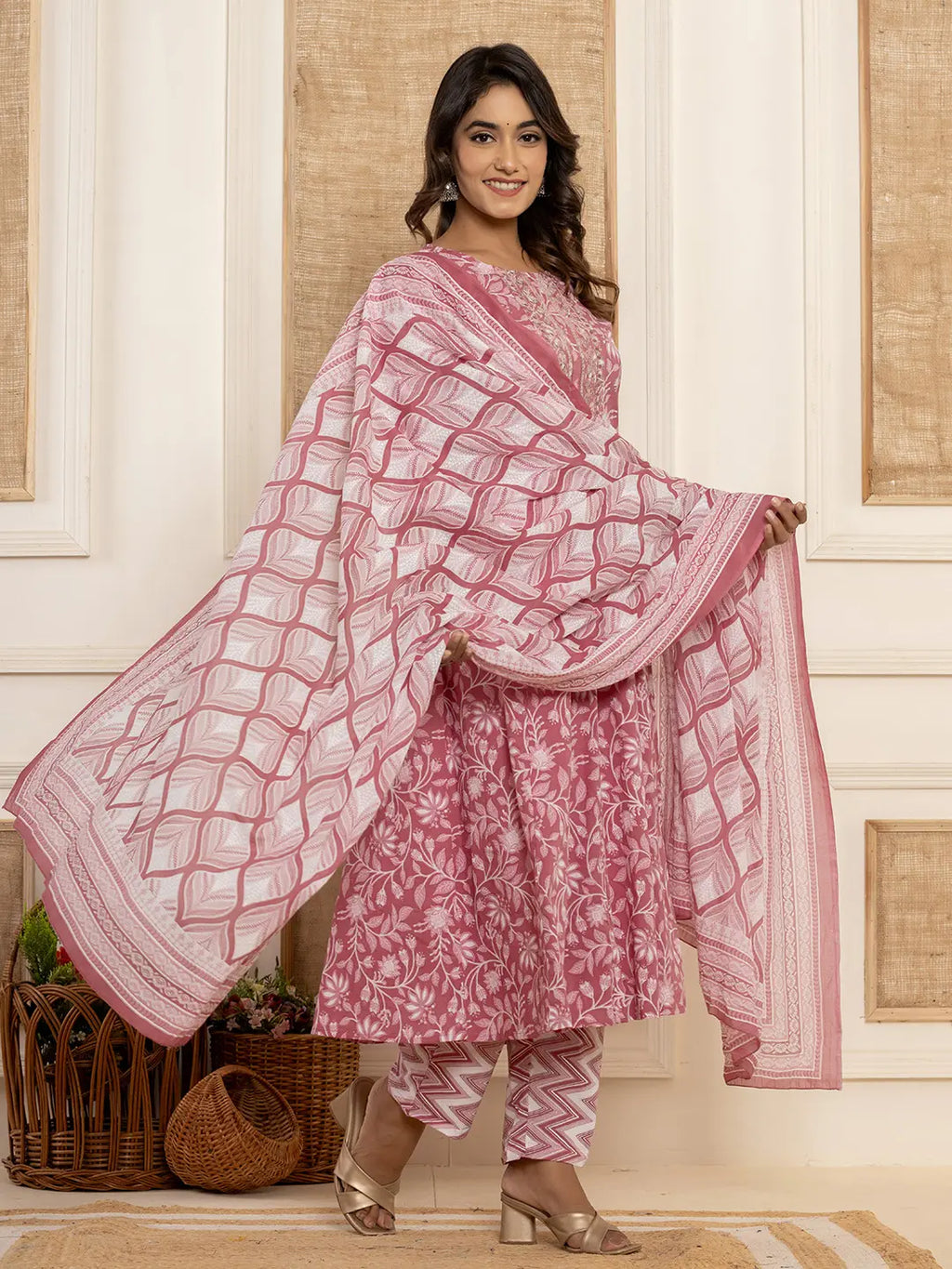 Yufta Mauve Floral Print Anarkali Style Kurta And Trousers With Dupatta Set