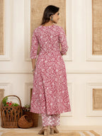 Yufta Mauve Floral Print Anarkali Style Kurta And Trousers With Dupatta Set
