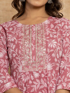 Yufta Mauve Floral Print Anarkali Style Kurta And Trousers With Dupatta Set
